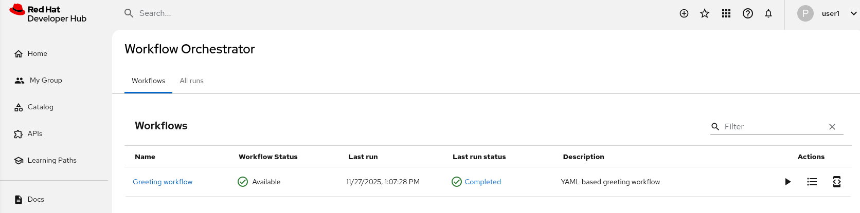 Greeting Workflow in Red Hat Developer Hub